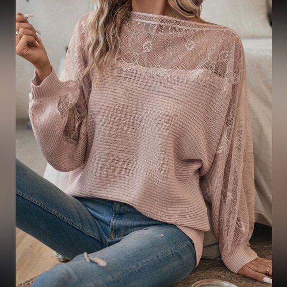 Comfy Elegant Sheer Mesh Lace Boat Neck Batwing Sleeve Sweater Top - Picture 4 of 7